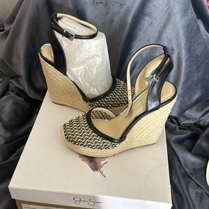 Jessica Simpson Black and Beige Wedge Sandals
